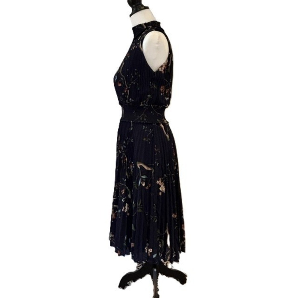 Nanette Lepore Pleated Midi Dress Women 6 Navy Blue Floral Smocked Waist - Picture 13 of 15